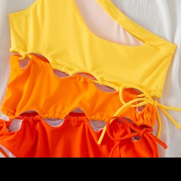 NEW Shein Sherbet Sunset ColorBlock Lace-Up Cut-Out 1 Piece Bathing Swim Suit 6M - Picture 5 of 8